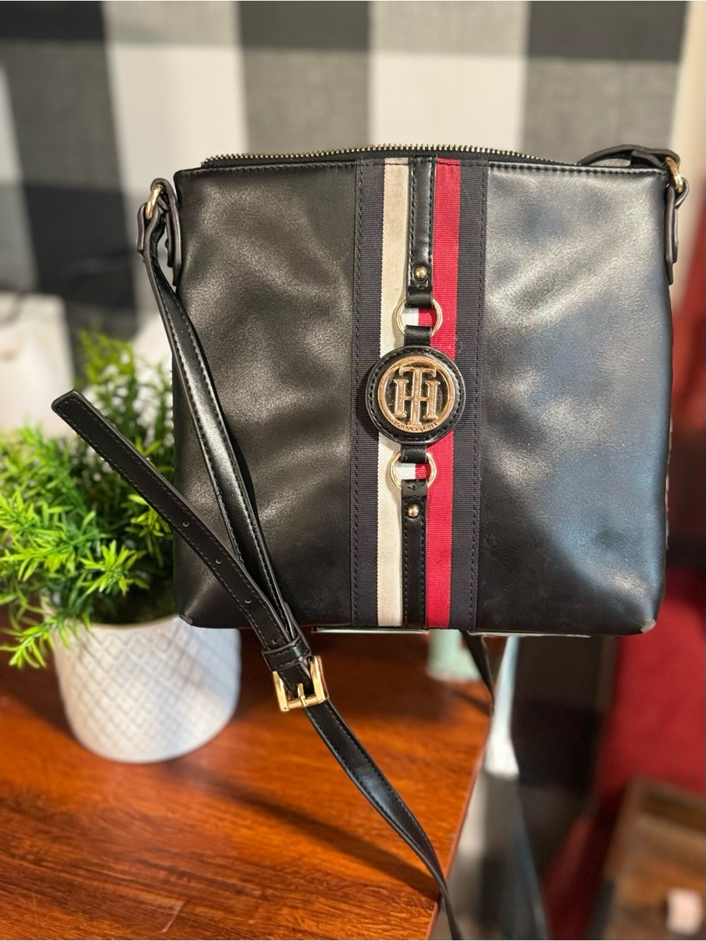 Tommy Hilfiger Black Crossbody with Red and White Signature Stripe